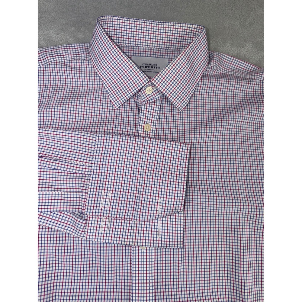 Charles‎ Tyrwhitt Mens 17.5X35 Non-Iron Dress Shirt Red Blue Check French Cuff